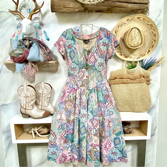 Vintage Dresses & Skirts - Stunning western Aztec native vibe vintage boho dress w country feel